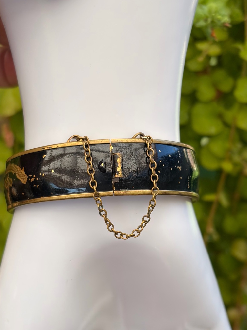 Black and Gold Hinged Bangle Bracelet with Safety Chain